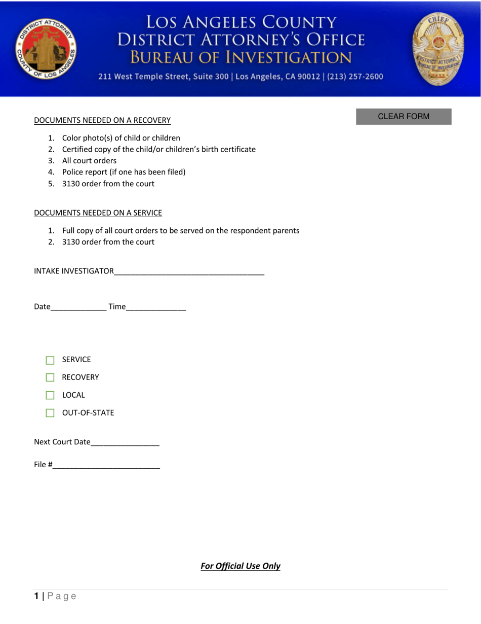 Child Abduction Questionnaire - County of Los Angeles, California, Page 1