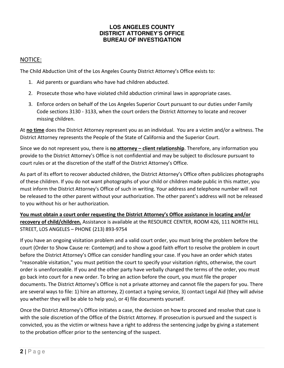 Child Abduction Questionnaire - County of Los Angeles, California, Page 2