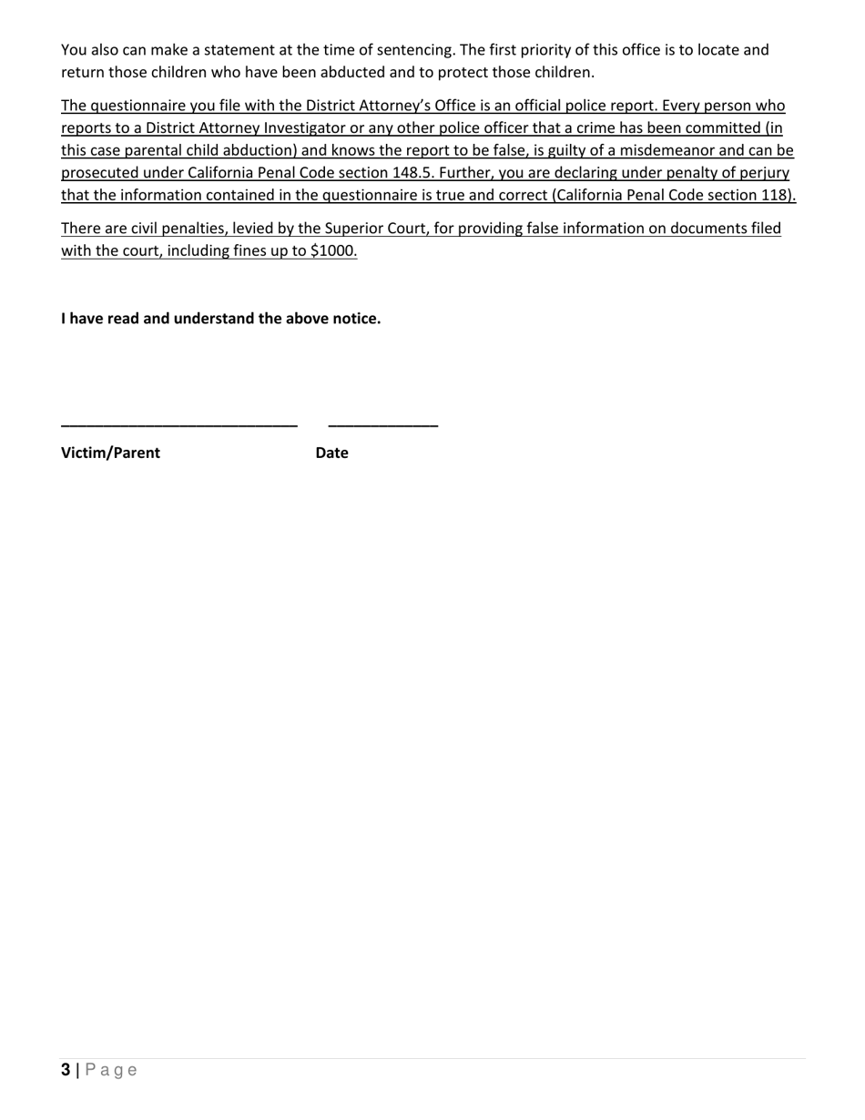 Child Abduction Questionnaire - County of Los Angeles, California, Page 3