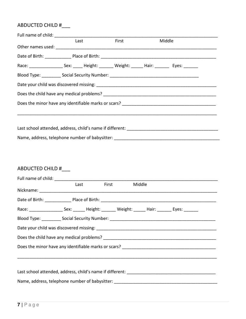 Child Abduction Questionnaire - County of Los Angeles, California, Page 7