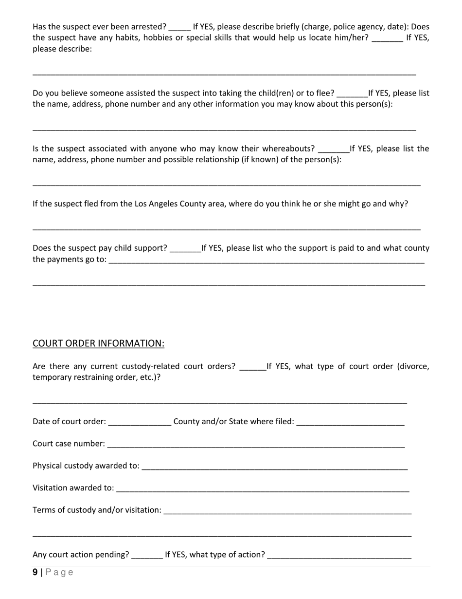 Child Abduction Questionnaire - County of Los Angeles, California, Page 9