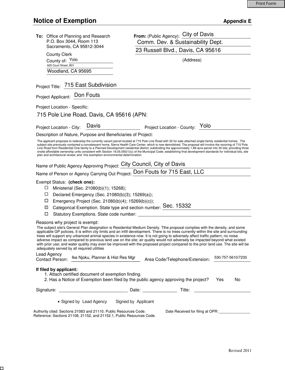 Appendix E Notice of Exemption - City of Davis, California, Page 1