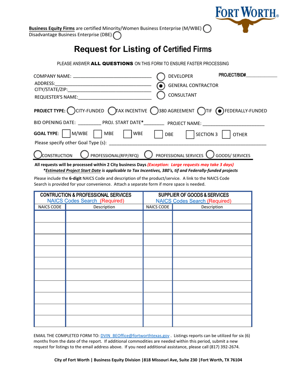 Request for Listing of Certified Firms - City of Fort Worth, Texas, Page 1