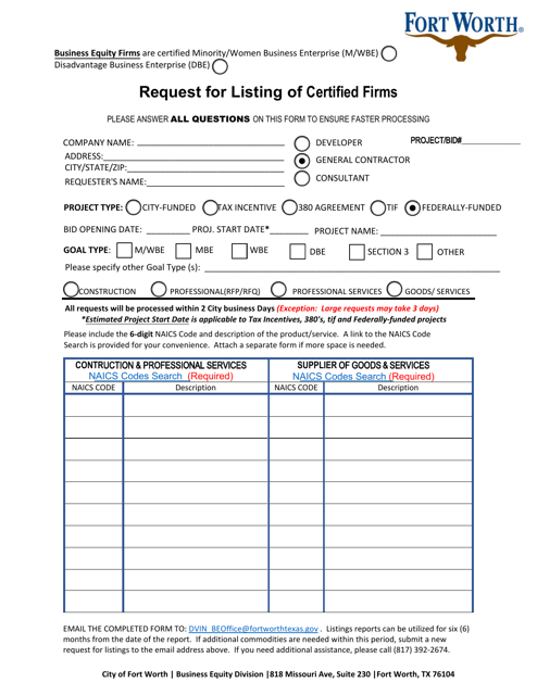 Request for Listing of Certified Firms - City of Fort Worth, Texas Download Pdf
