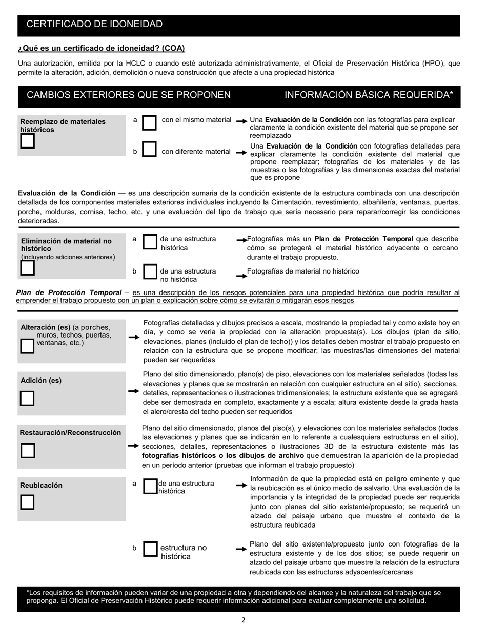 Certificado De Idoneidad - Comision De Hitos Historicos Y Culturales - City of Fort Worth, Texas (Spanish), Page 2