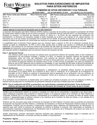 Solicitud Para Exenciones De Impuestos Para Sitios Historicos - City of Fort Worth, Texas (Spanish)