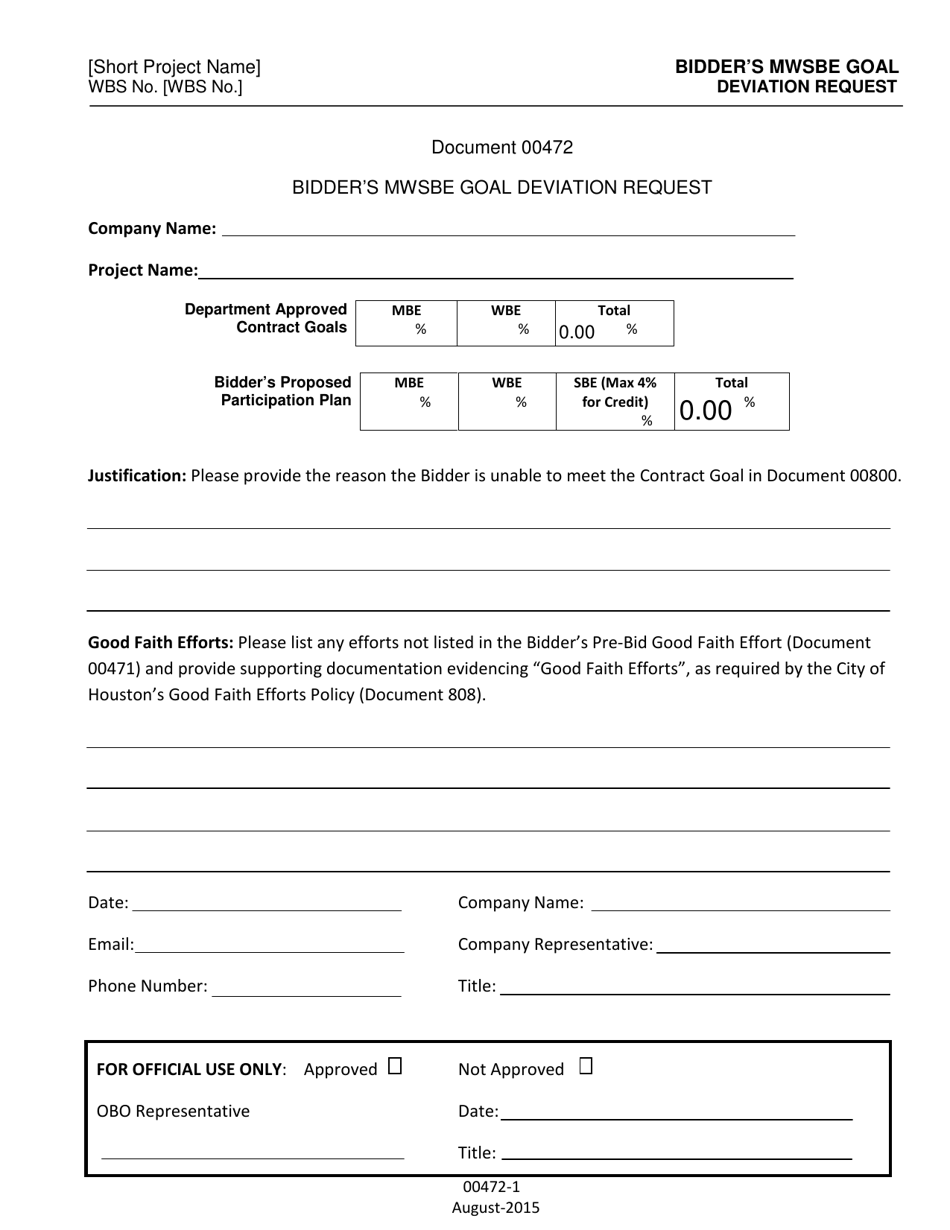 Form 00472 Bidders Mwsbe Goal Deviation Request - City of Houston, Texas, Page 1