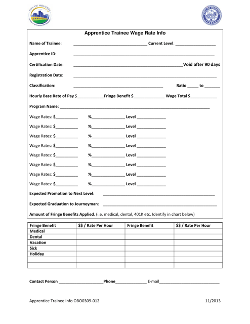 Apprentice Trainee Wage Rate Form - City of Houston, Texas Download Pdf