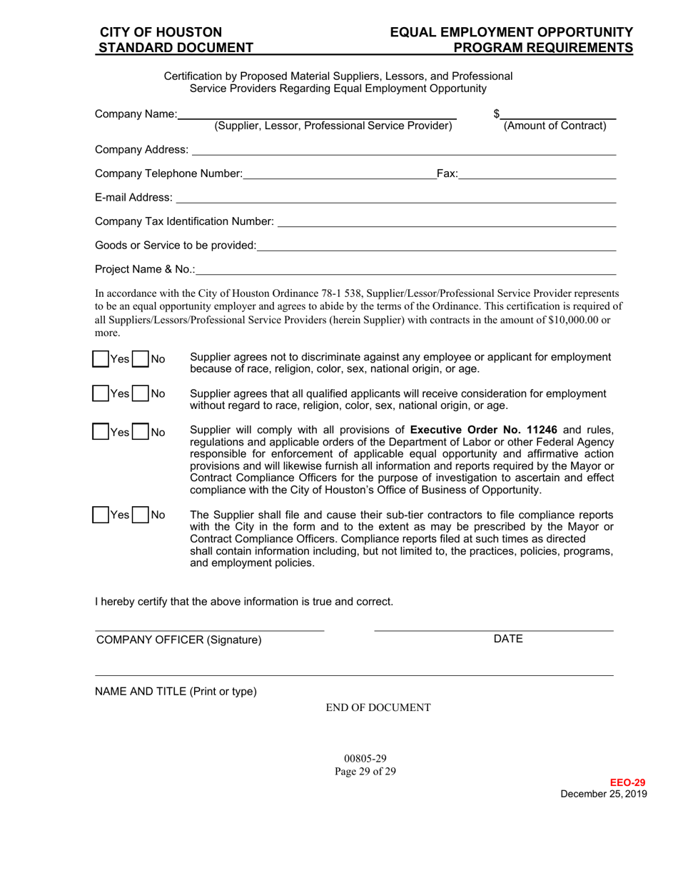 Form EEO-29 Certification by Proposed Material Suppliers, Lessors, and Professional Service Providers Regarding Equal Employment Opportunity - City of Houston, Texas, Page 1