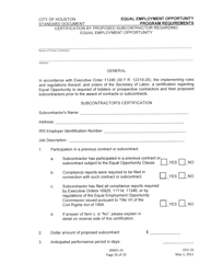 Document preview: Form EEO-28 (EEO-26; EEO-27) Certification by Proposed Subcontractor Regarding Equal Employment Opportunity - City of Houston, Texas