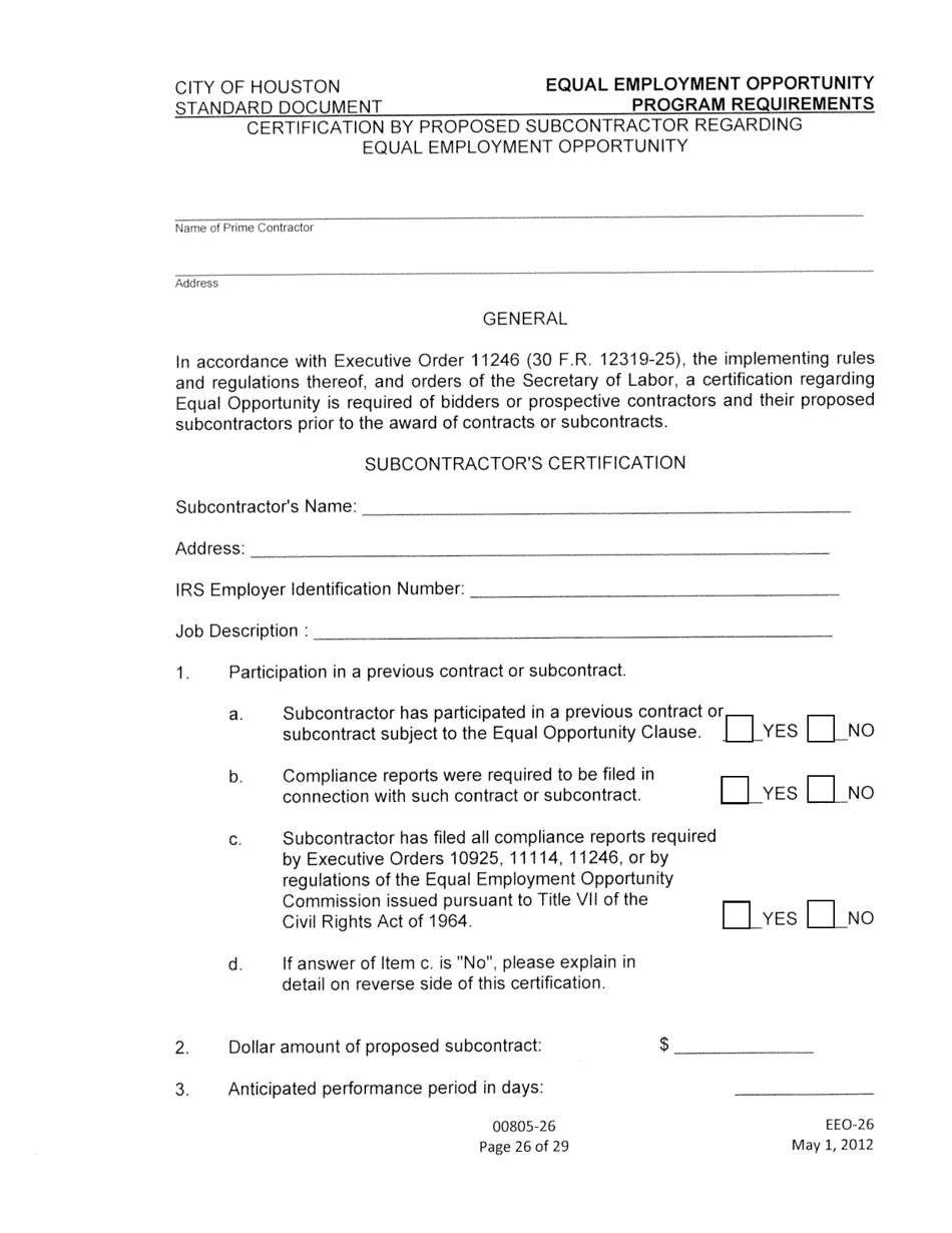 Form EEO-28 (EEO-26; EEO-27) Certification by Proposed Subcontractor Regarding Equal Employment Opportunity - City of Houston, Texas, Page 1