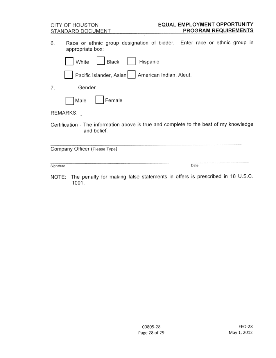 Form EEO-28 (EEO-26; EEO-27) Certification by Proposed Subcontractor Regarding Equal Employment Opportunity - City of Houston, Texas, Page 3