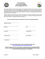 Document preview: Form POP-1 Pay or Play Acknowledgement Form - City of Houston, Texas