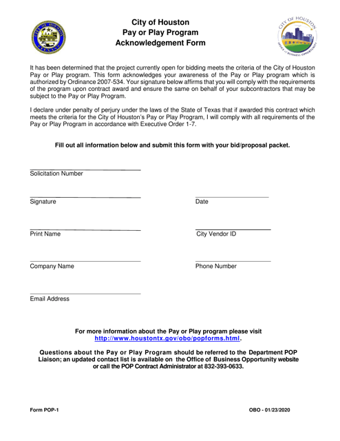 Form POP-1 Pay or Play Acknowledgement Form - City of Houston, Texas