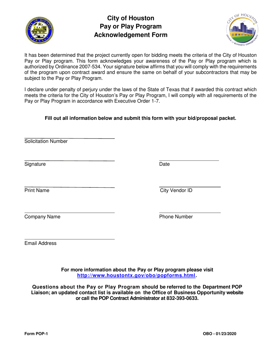 Form POP-1 Pay or Play Acknowledgement Form - City of Houston, Texas, Page 1