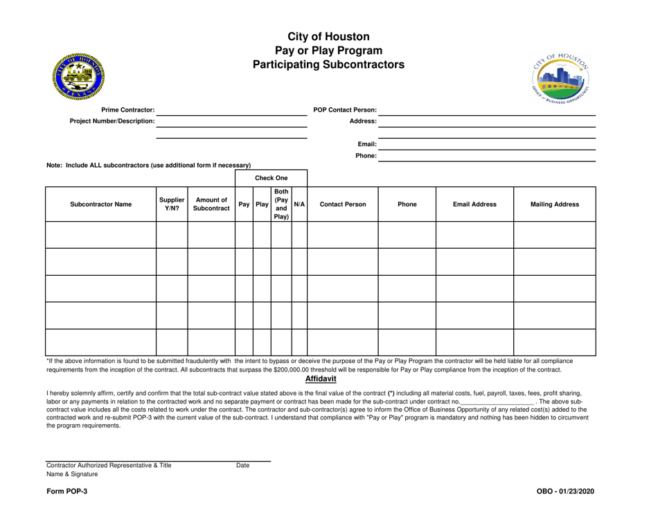 Form POP-3 List of Participating Subcontractors - Pay or Play Program - City of Houston, Texas, Page 1