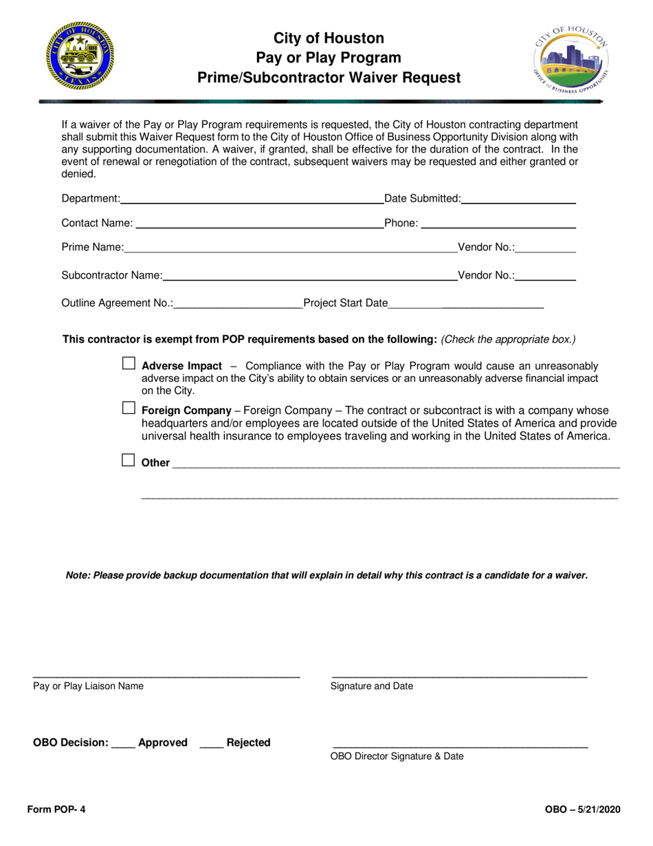 Form POP-4 Prime / Subcontractor Waiver Request - Pay or Play Program - City of Houston, Texas, Page 1