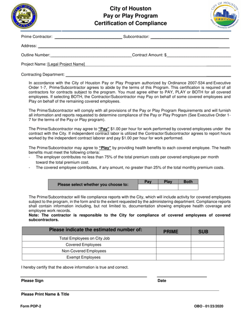 Form POP-2 Certification of Compliance - Pay or Play Program - City of Houston, Texas