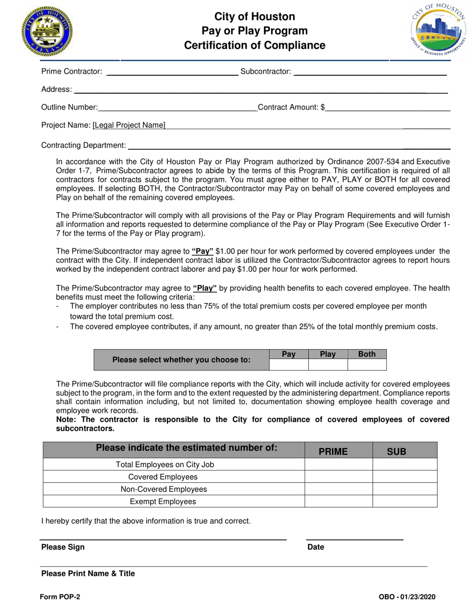 Form POP-2 Certification of Compliance - Pay or Play Program - City of Houston, Texas, Page 1