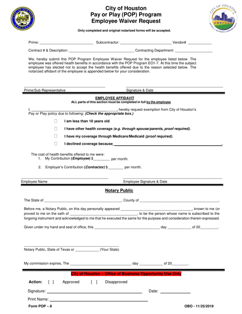 Form POP-8 Employee Waiver Request - Pay or Play (Pop) Program - City of Houston, Texas