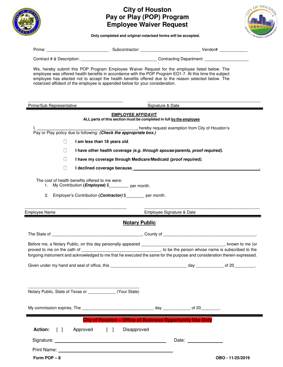 Form POP-8 Employee Waiver Request - Pay or Play (Pop) Program - City of Houston, Texas, Page 1