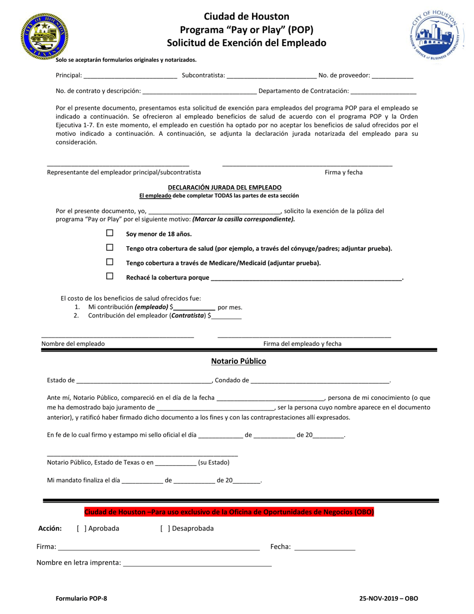 Formulario POP-8 Solicitud De Exencion Del Empleado - Programa pay or Play (Pop) - City of Houston, Texas (Spanish), Page 1