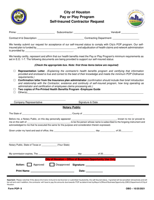 Form POP-9 Self-insured Contractor Request - Pay or Play Program - City of Houston, Texas