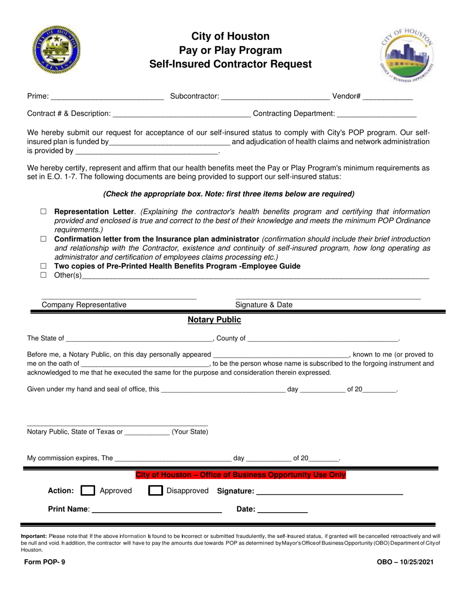 Form POP-9 Self-insured Contractor Request - Pay or Play Program - City of Houston, Texas, Page 1