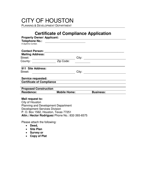 Certificate of Compliance Application - City of Houston, Texas