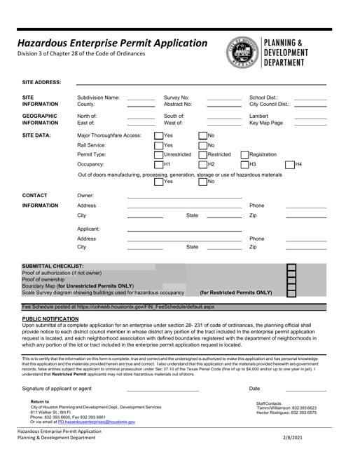 Hazardous Enterprise Permit Application - City of Houston, Texas Download Pdf