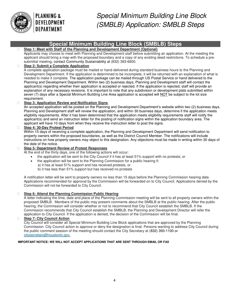 Special Minimum Building Line Block (Smblb) Application - City of Houston, Texas, Page 4