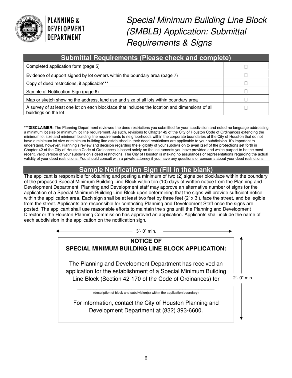 Special Minimum Building Line Block (Smblb) Application - City of Houston, Texas, Page 6