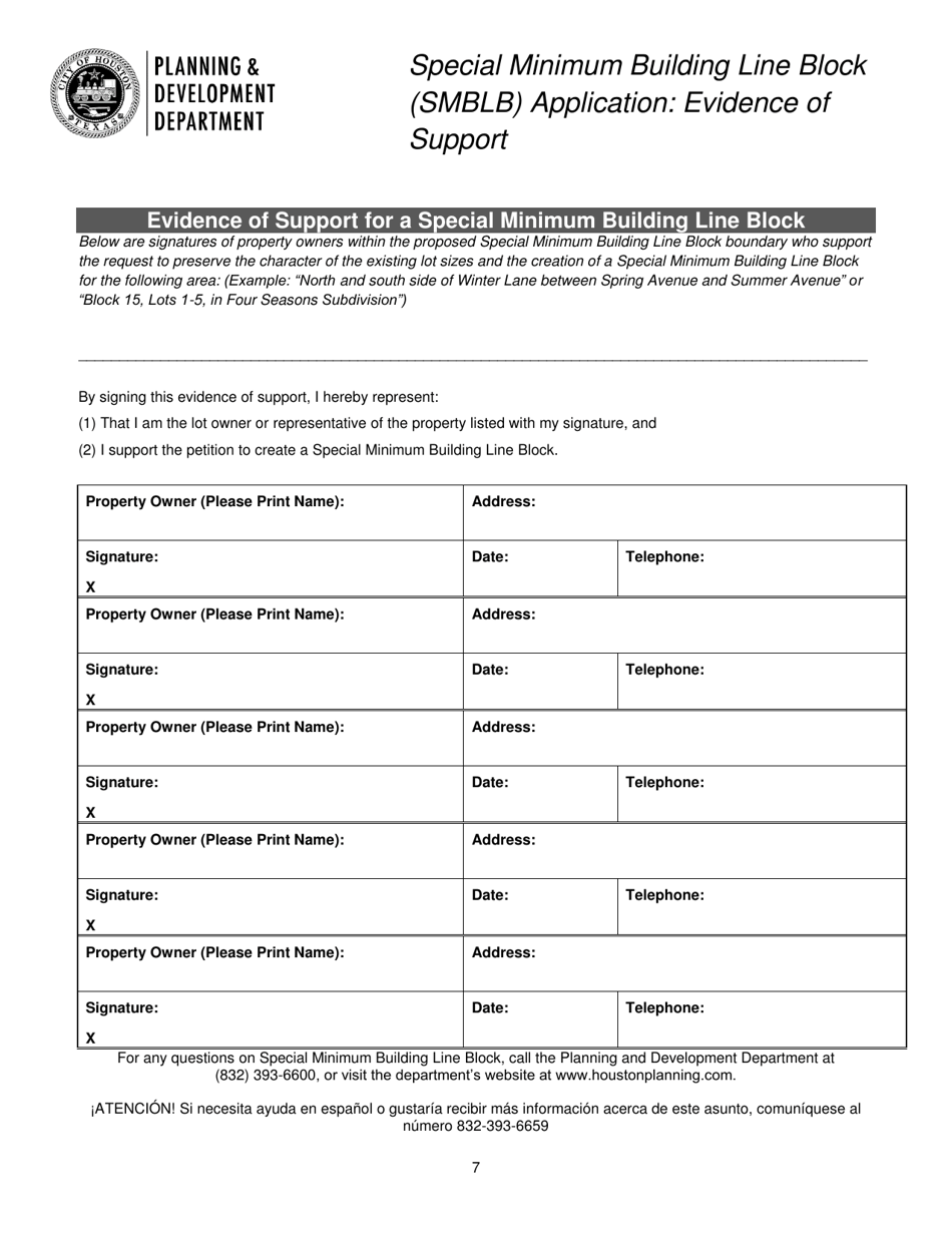 Special Minimum Building Line Block (Smblb) Application - City of Houston, Texas, Page 7