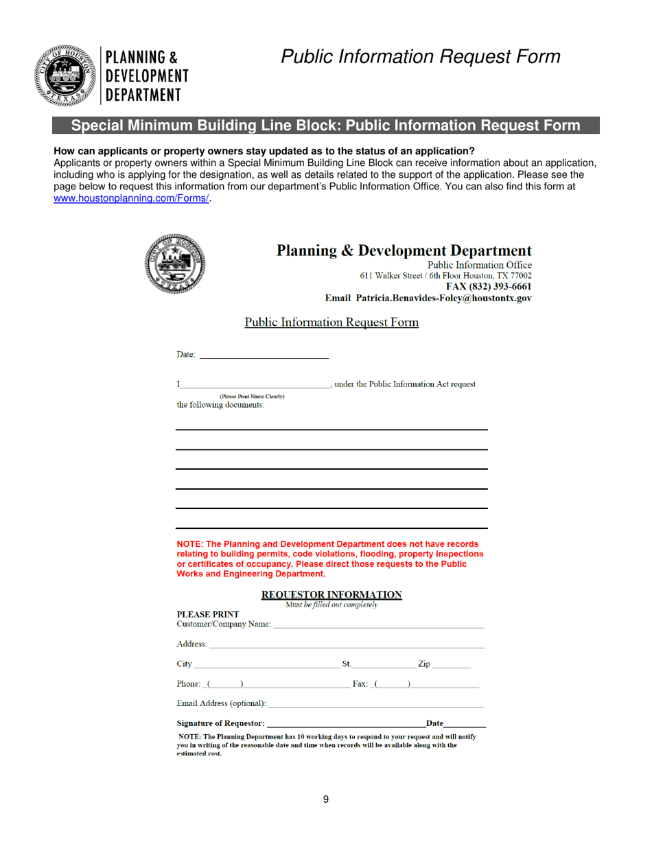 Special Minimum Building Line Block (Smblb) Application - City of Houston, Texas, Page 9