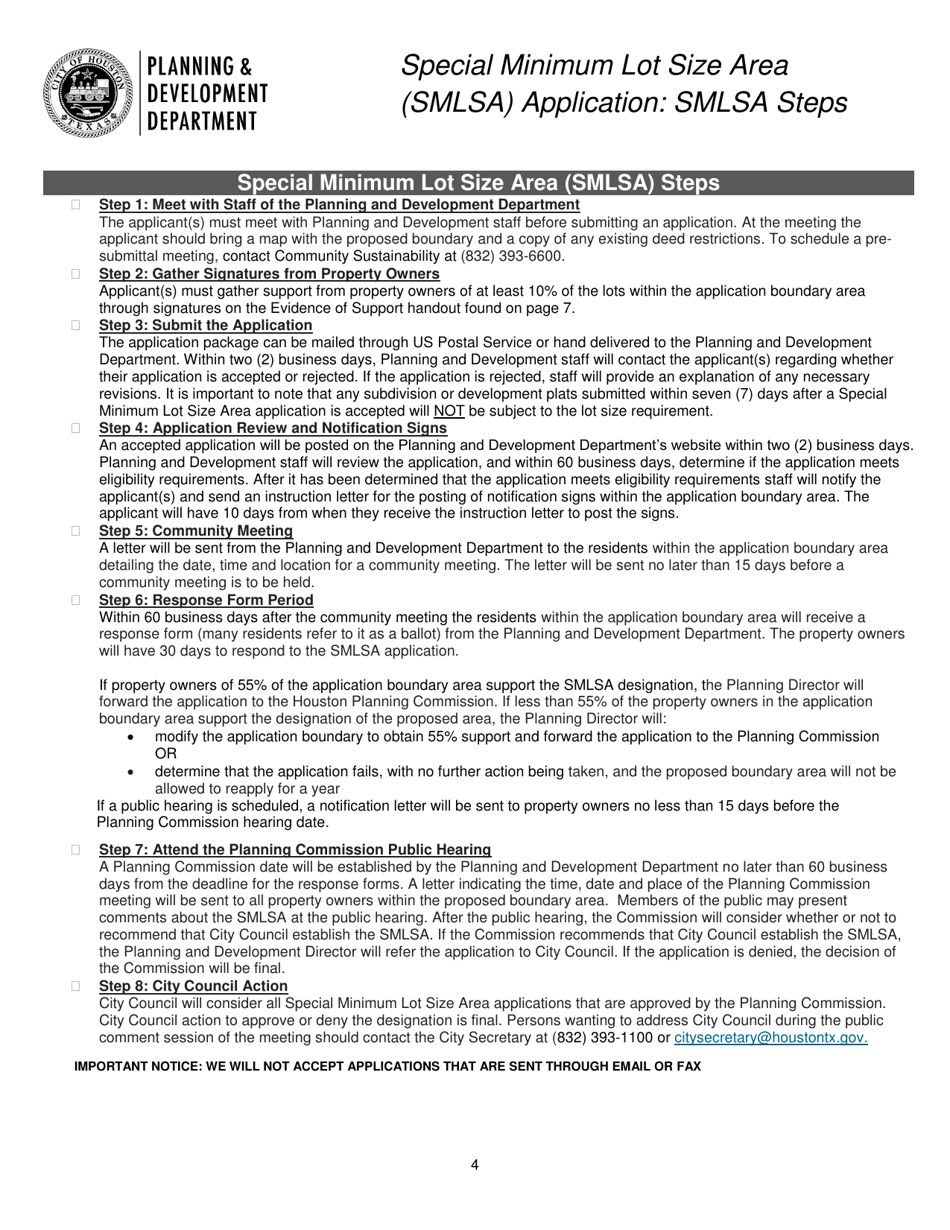 Special Minimum Lot Size Area (Smlsa) Application - City of Houston, Texas, Page 4