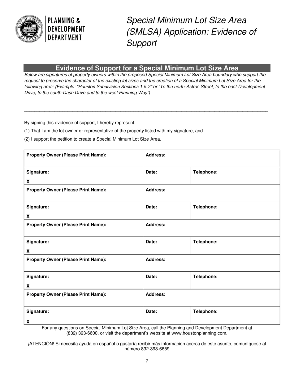 Special Minimum Lot Size Area (Smlsa) Application - City of Houston, Texas, Page 7