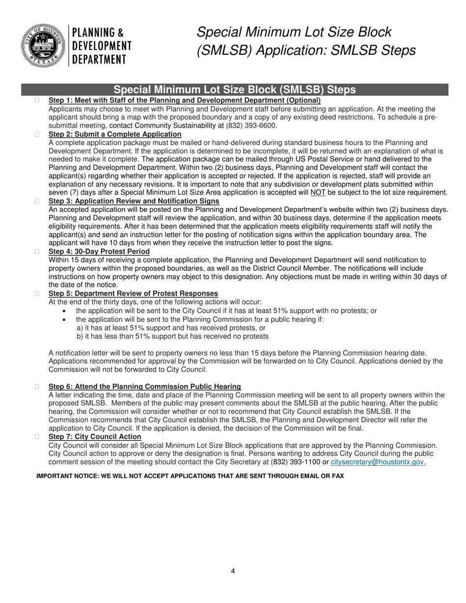 Special Minimum Lot Size Block (Smlsb) Application - City of Houston, Texas, Page 4