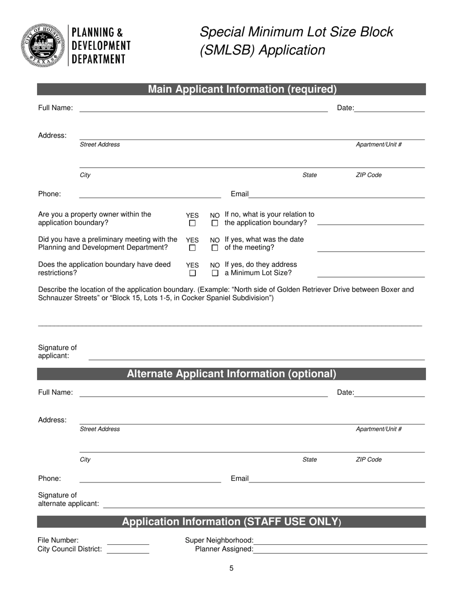 Special Minimum Lot Size Block (Smlsb) Application - City of Houston, Texas, Page 5