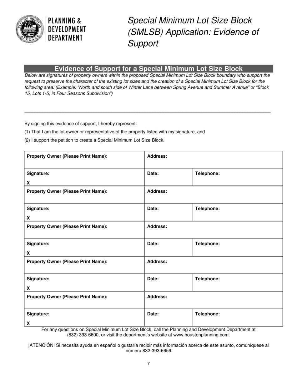 Special Minimum Lot Size Block (Smlsb) Application - City of Houston, Texas, Page 7
