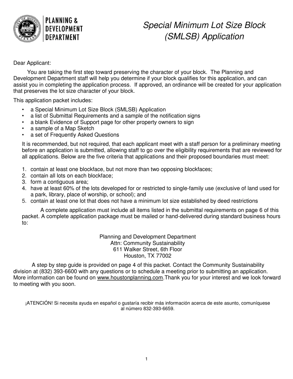 City Of Houston Texas Special Minimum Lot Size Block Smlsb Application Fill Out Sign 6255