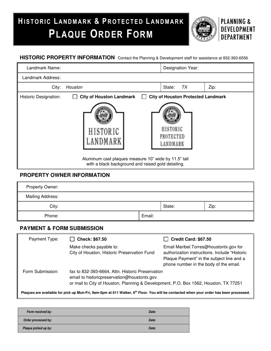 Historic Land Mark and Protected Land Mark Plaque Order Form - City of Houston, Texas, Page 1