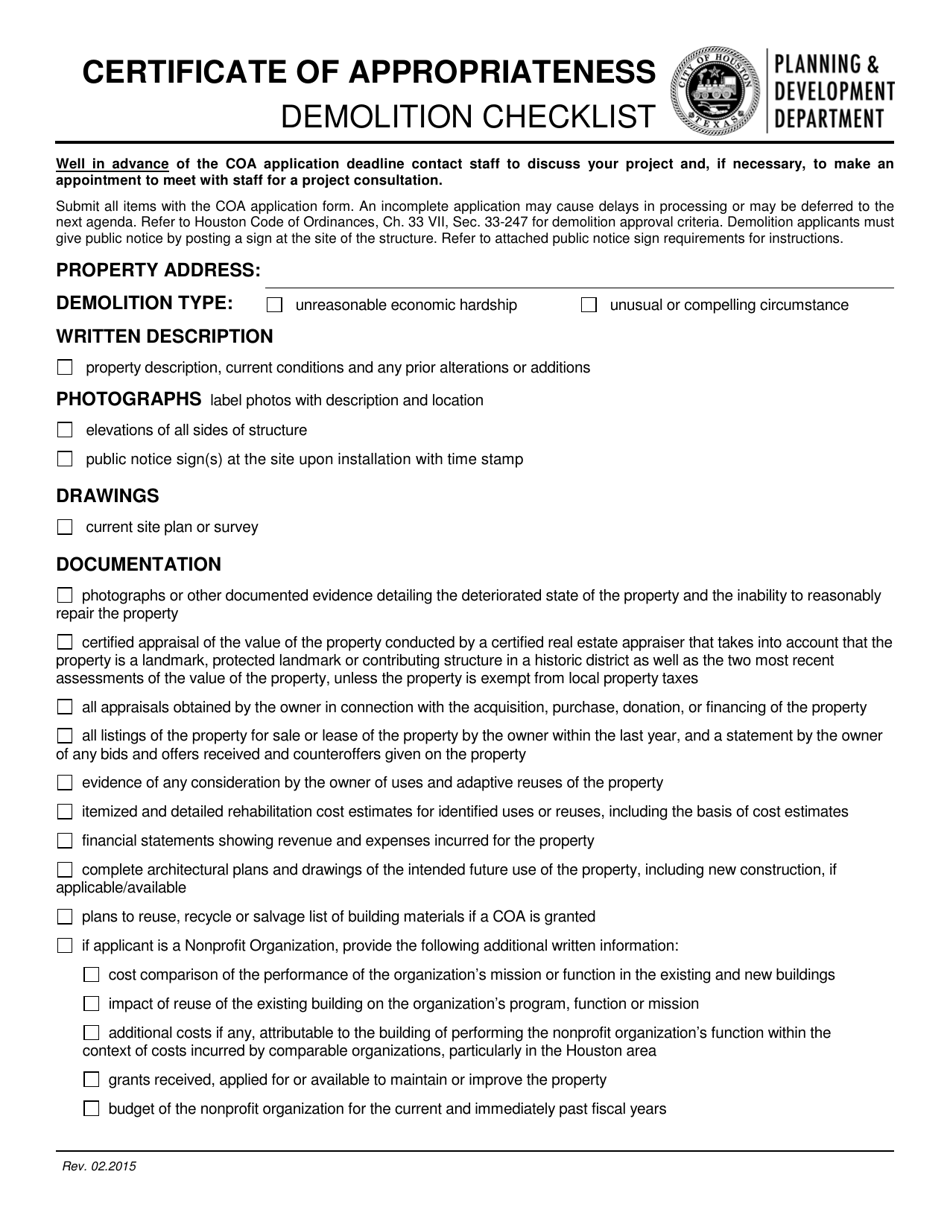 Certificate of Appropriateness Demolition Checklist - City of Houston, Texas, Page 1