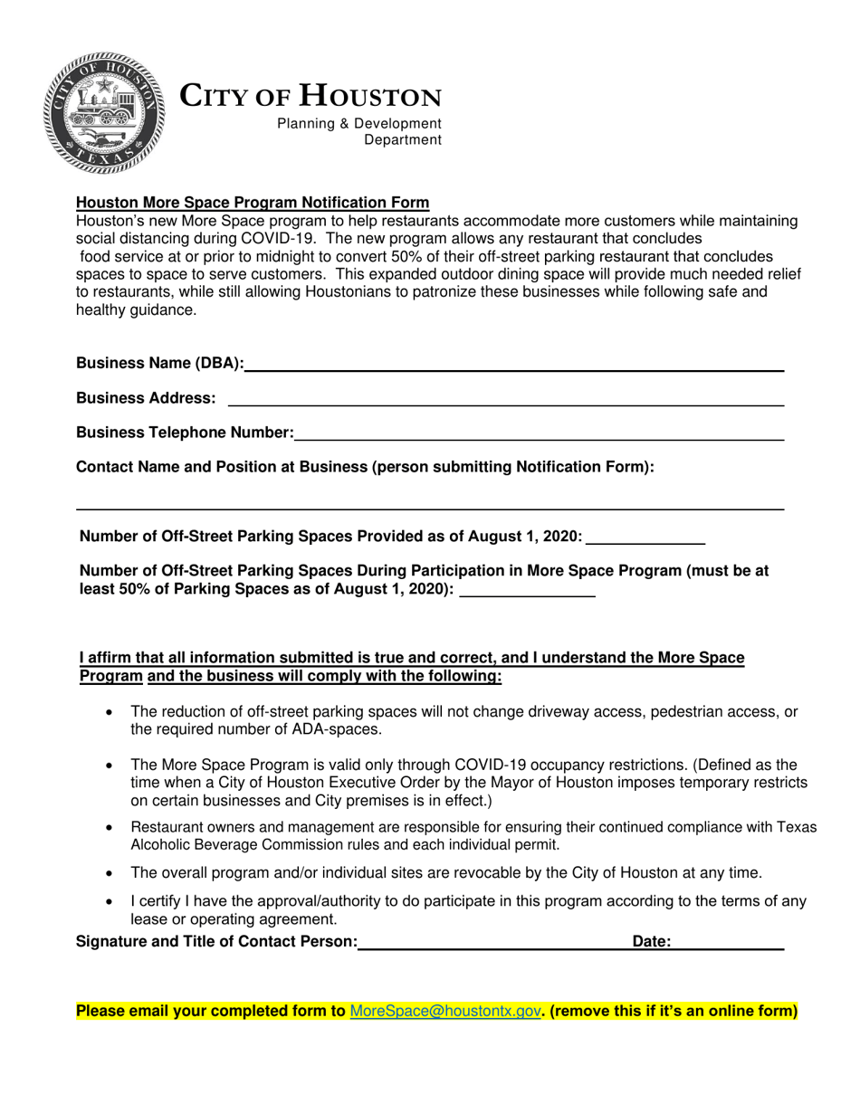 Houston More Space Program Notification Form - City of Houston, Texas, Page 1