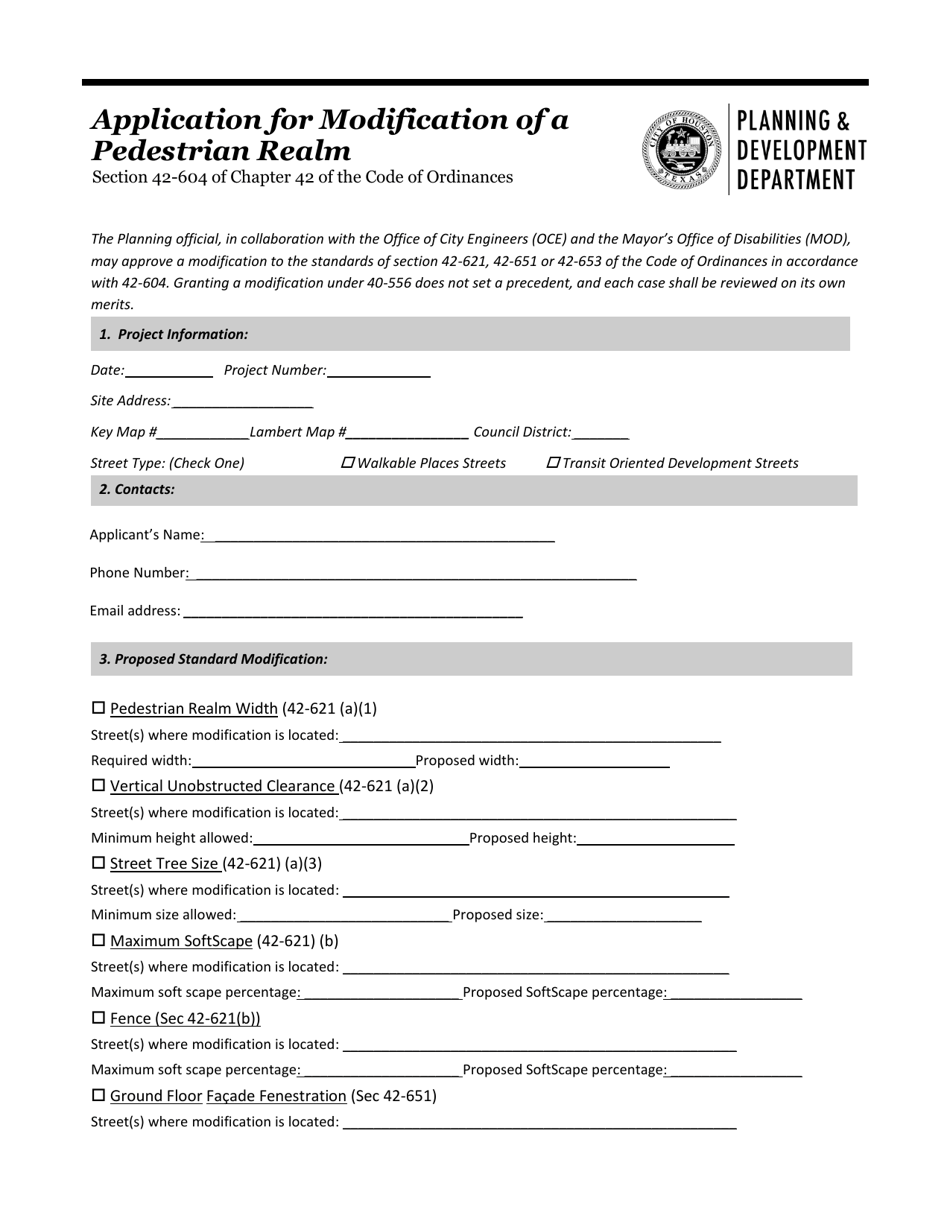 Application for Modification of a Pedestrian Realm - City of Houston, Texas, Page 1