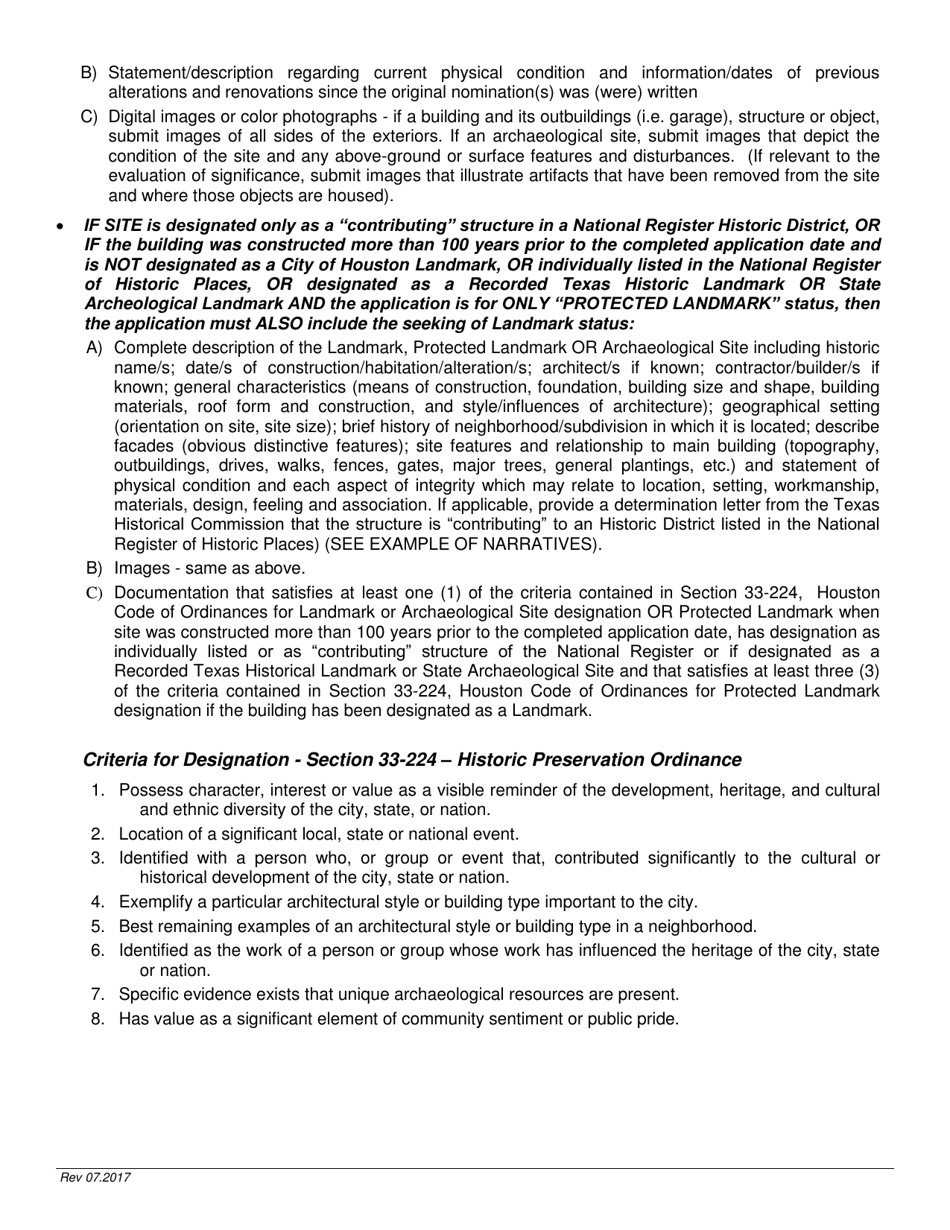Landmark, Protected Landmark, or Archaeological Site Designation Application Form - City of Houston, Texas, Page 2