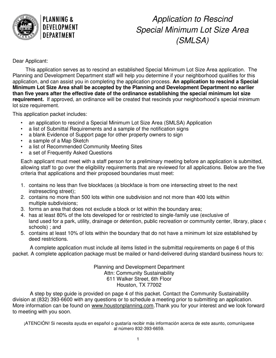 Application to Rescind Special Minimum Lot Size Area (Smlsa) - City of Houston, Texas, Page 1