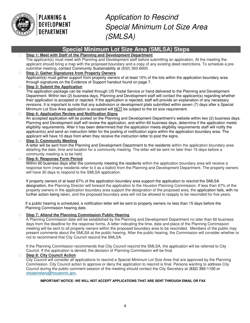 Application to Rescind Special Minimum Lot Size Area (Smlsa) - City of Houston, Texas, Page 4