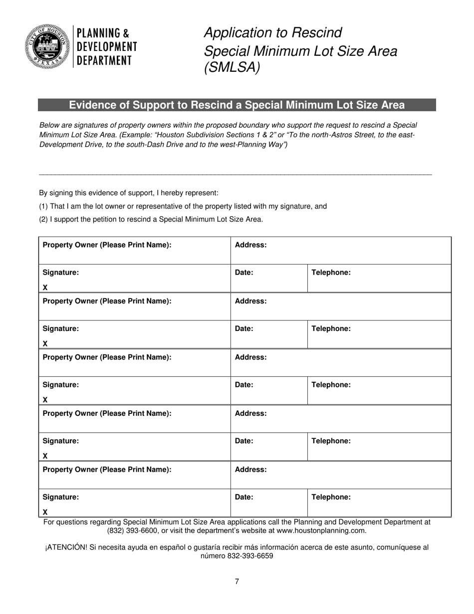 Application to Rescind Special Minimum Lot Size Area (Smlsa) - City of Houston, Texas, Page 7