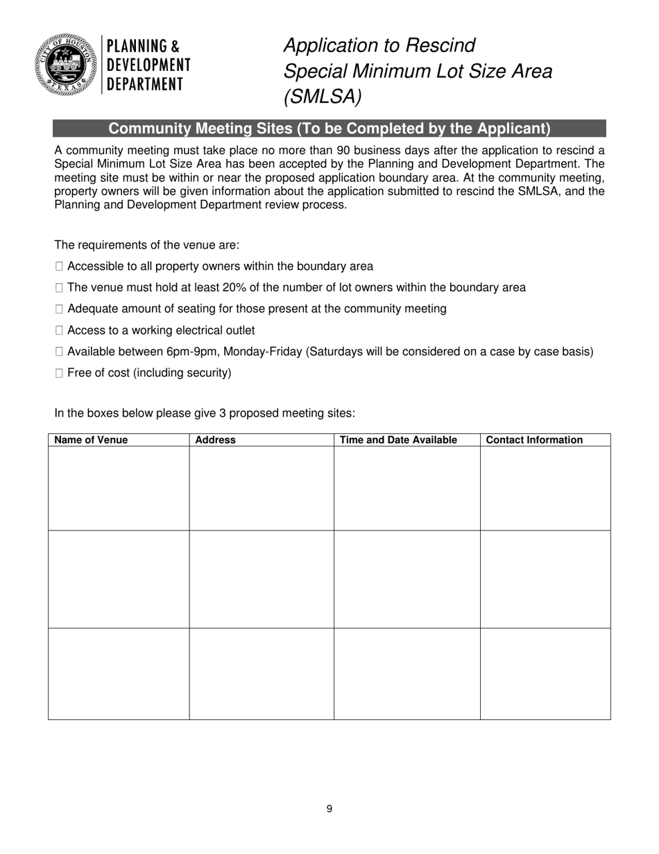Application to Rescind Special Minimum Lot Size Area (Smlsa) - City of Houston, Texas, Page 9