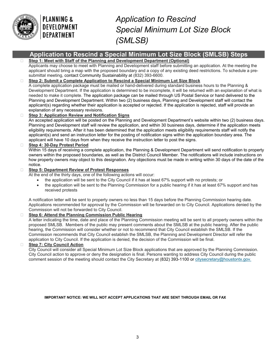 Application to Rescind Special Minimum Lot Size Block (Smlsb) - City of Houston, Texas, Page 3